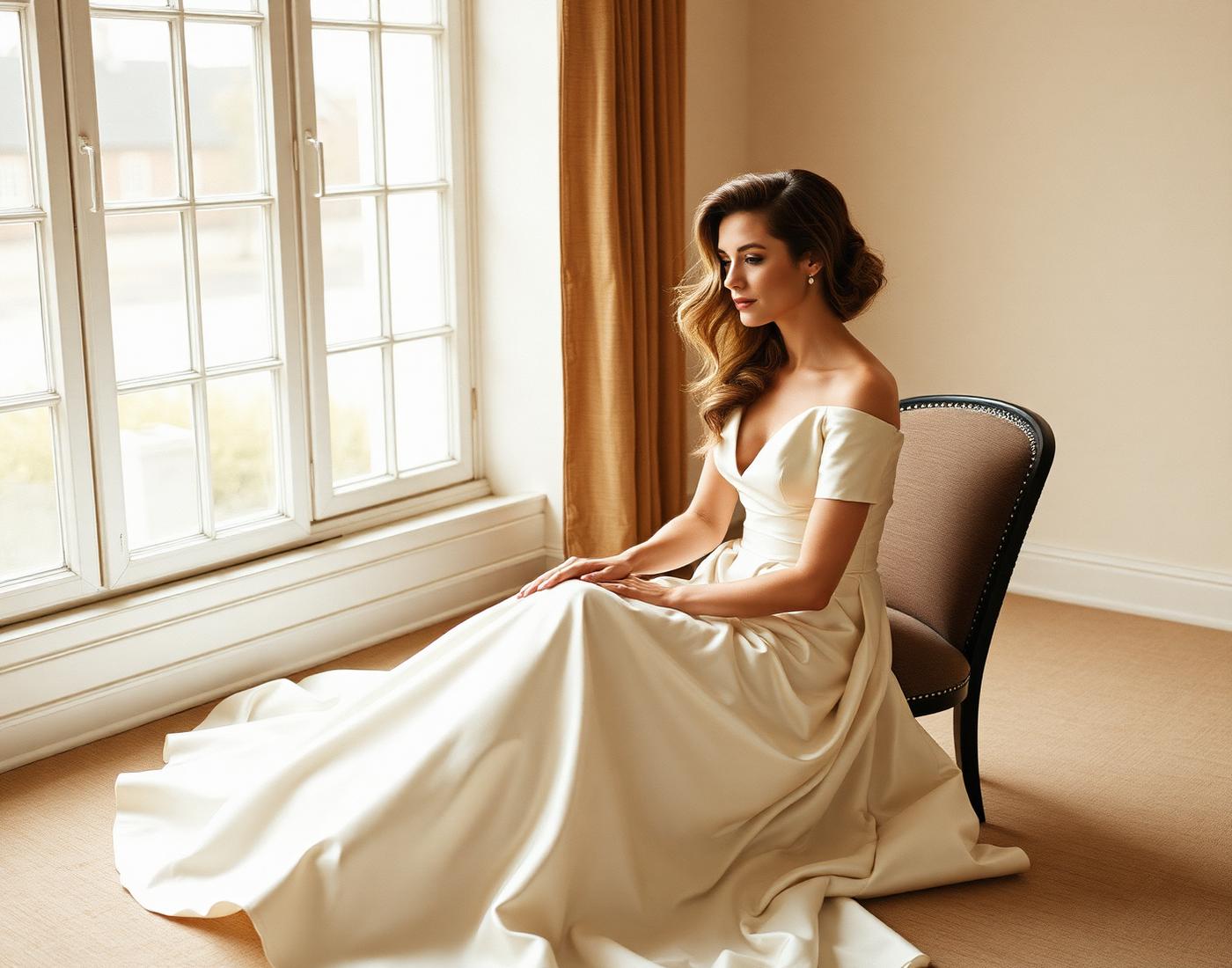 Novia junto a la ventana con ondas suaves