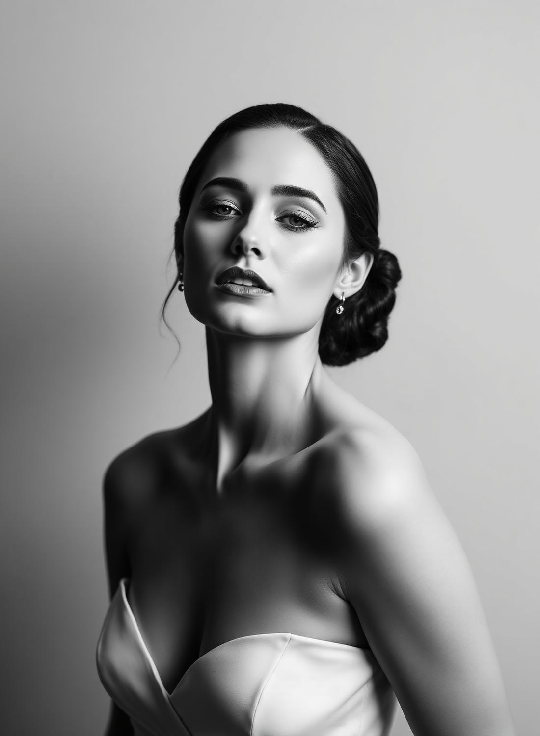 Retrato editorial en blanco y negro con moño bajo